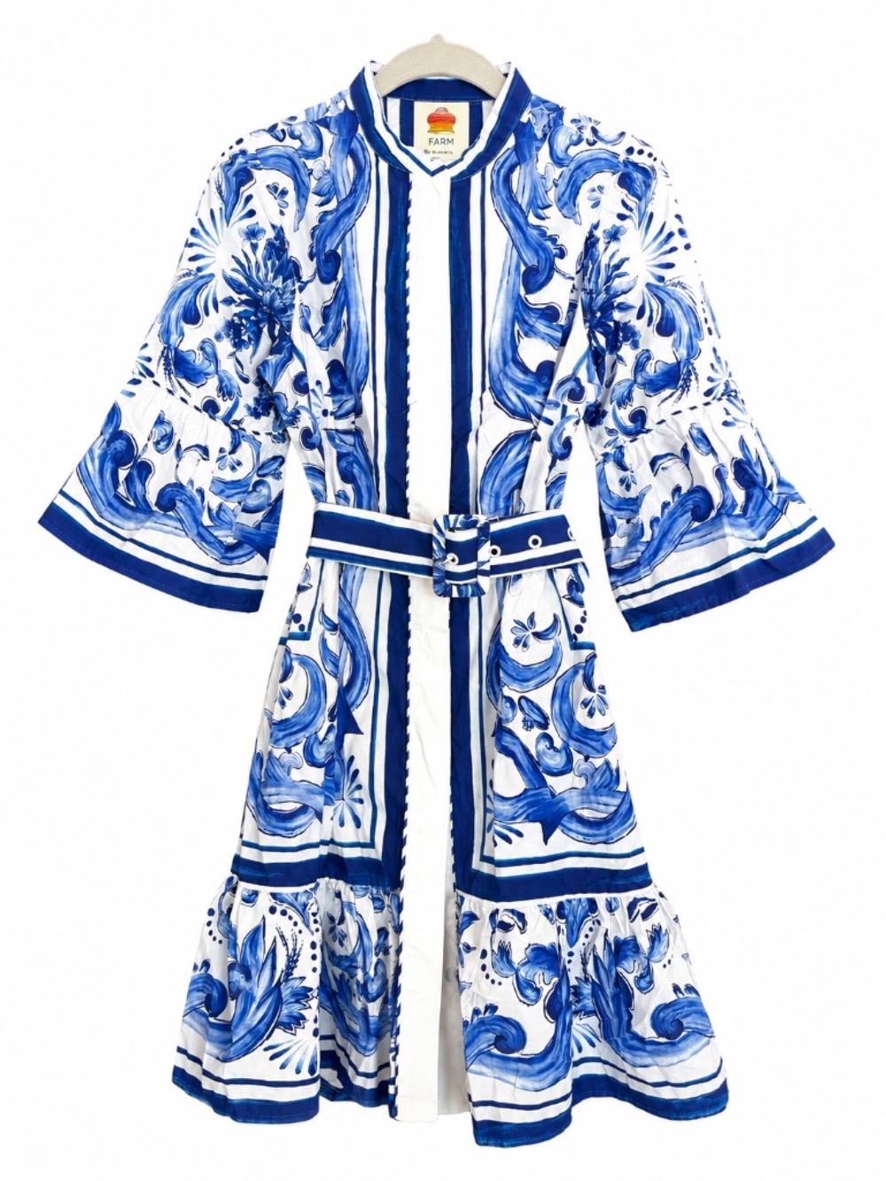 Farm Rio Blue & White Tile Print Belted Dress